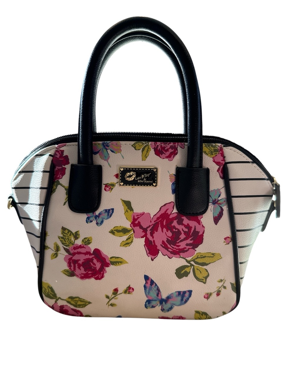 Floral Stripe Dome Satchel - Black Handles